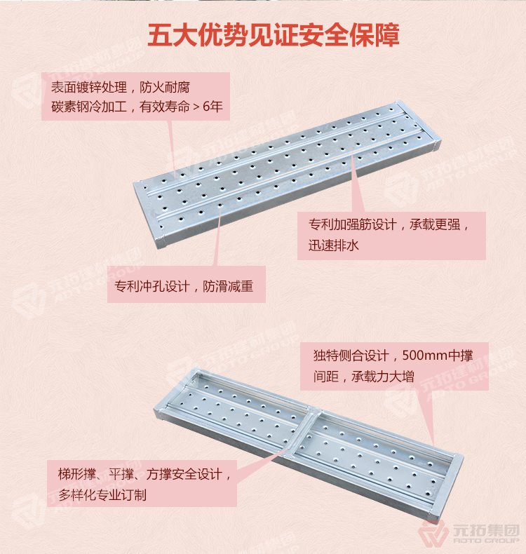 元拓 建筑用鐵架板  批發(fā)鋼跳板 熱鍍鋅 船用圓孔防滑踏版 建筑腳手架配件   

五大優(yōu)勢(shì)見證安全保障，表面鍍鋅處理，防火耐腐，碳素鋼冷加工，壽命大于6年，加強(qiáng)筋設(shè)計(jì)，專業(yè)沖孔，防

滑設(shè)計(jì)，