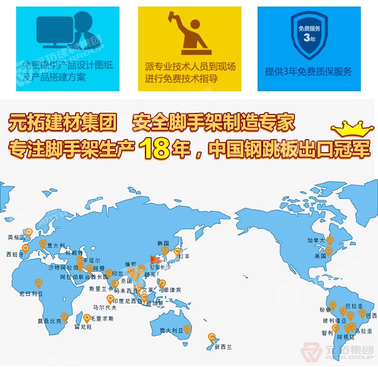 元拓建材集團(tuán)，安全腳手架制造專家！專注腳手架生

產(chǎn)18年，中國鋼跳板出口冠軍！